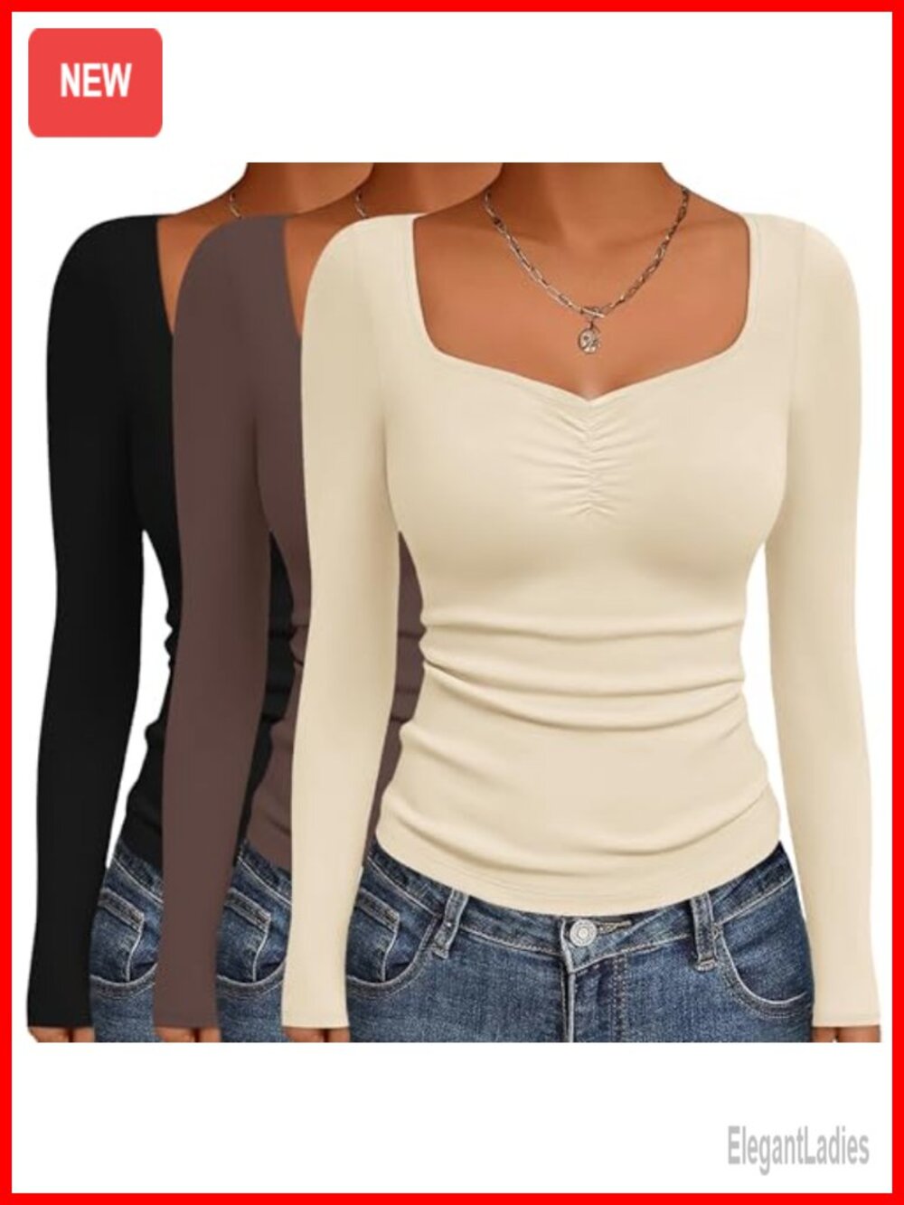 Ekouaer Women's Long Sleeve Fitted Tops 3 Pack Sweetheart Neck Layering Tees